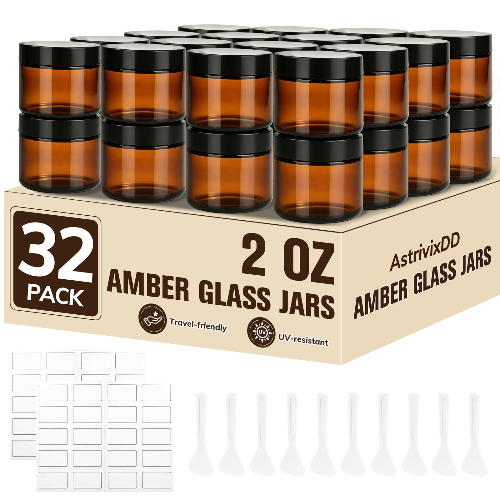 32 Pcs 2 oz Glass Jars with Lids,Amber,with 40 Labels &amp; 10 Spatulas