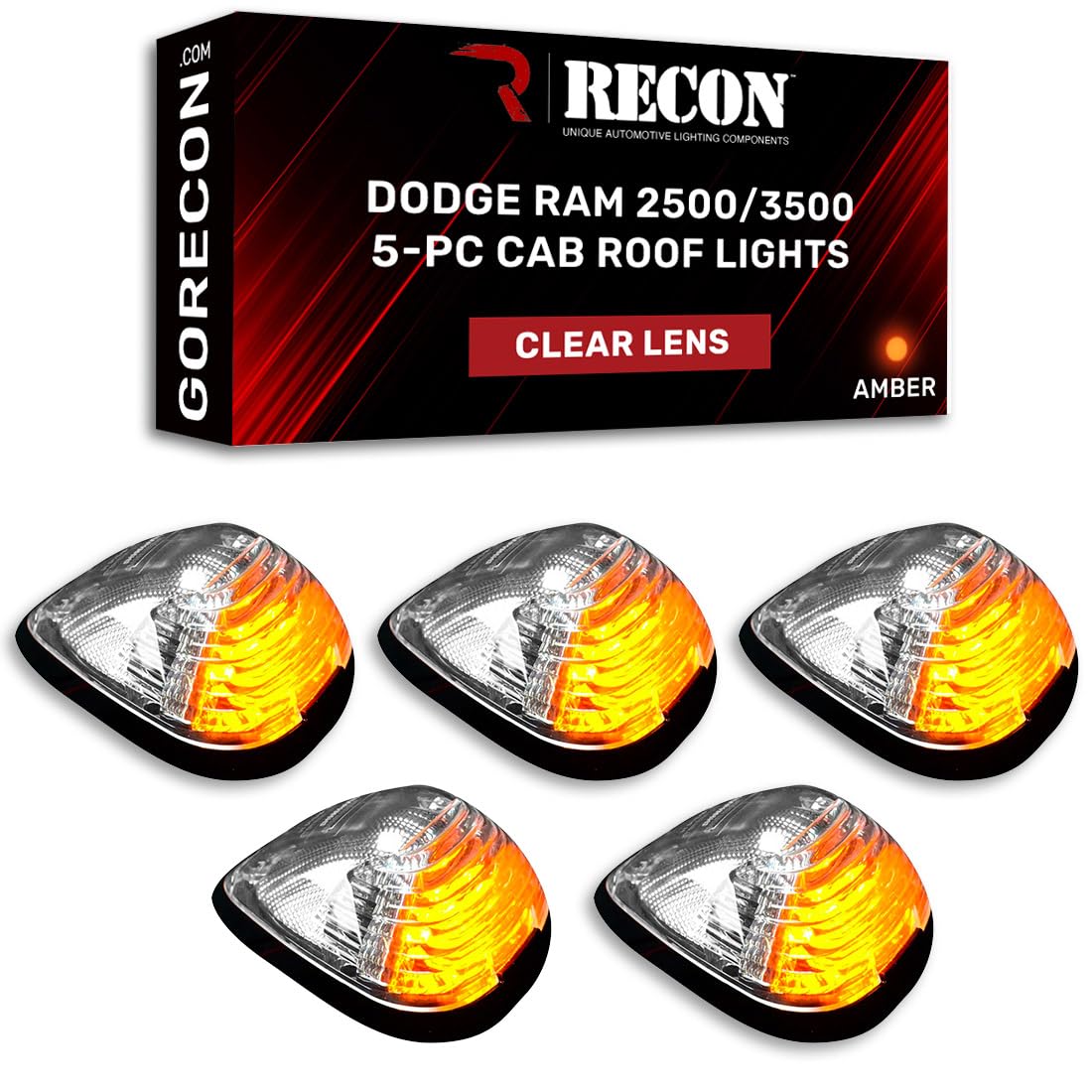 RECON - Fits 1994-1998 Dodge RAM 2500/3500 Premium Ultra Bright Amber LED (194 Size Bulbs) 5-Piece Cab Roof Light Kit (Replaces Factory/OEM Cab Lights) (CLEAR LENS)
