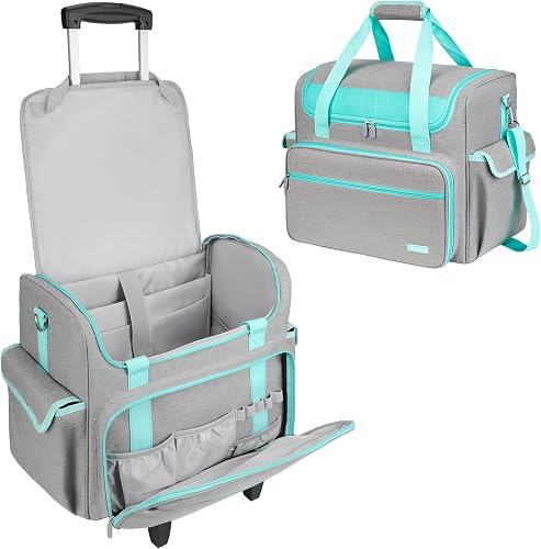 Wheeled Teacher Trolley Bag with Detachable Handle, 17 Inch Laptop Sleeve, Rolling Tote for Teaching Office Craft Nurse, Grey & Green, Classic