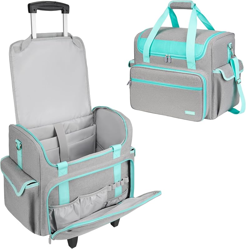 Rolling Teacher Bag with Wheels,Large Briefcase with Detachable Trolley&17in Laptop Sleeve for Women Work Travel