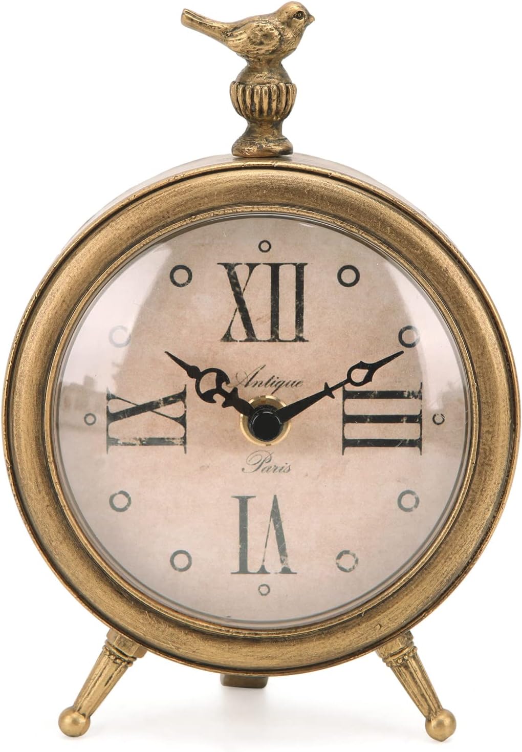 NIKKY HOME Vintage Table Clock with Bird, Decorative Desk Metal Table Clocks Rustic Mantel Clock Non-Ticking, Metal Frame with Antique Gold Finish