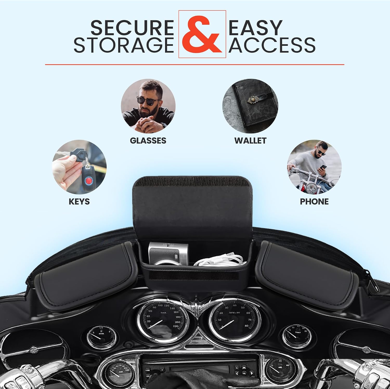 Daniel Smart Motorcycle Windshield Bag for Harley Touring 1996-2013, 3-Pocket Water Resistant Windscreen Bag Compatible with Electra Glide, Street Glide FLHX FLH, Trike Models