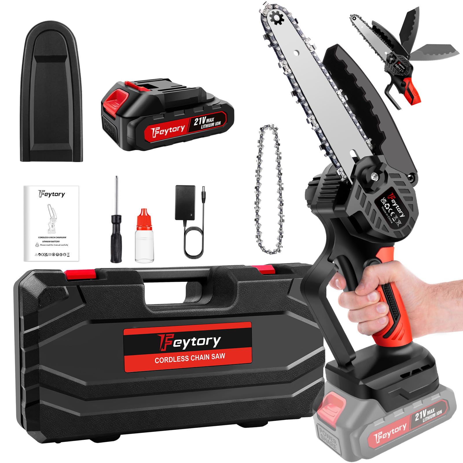 Small Chainsaw Cordless 6 Inch Mini Chainsaw with 1×1500mAh LI-ion Battery and Charger, Handheld Chain Saw with Security Lock, Powerful Electric Branch Cutter for Tree Trimming, Garden, Wood Cutting