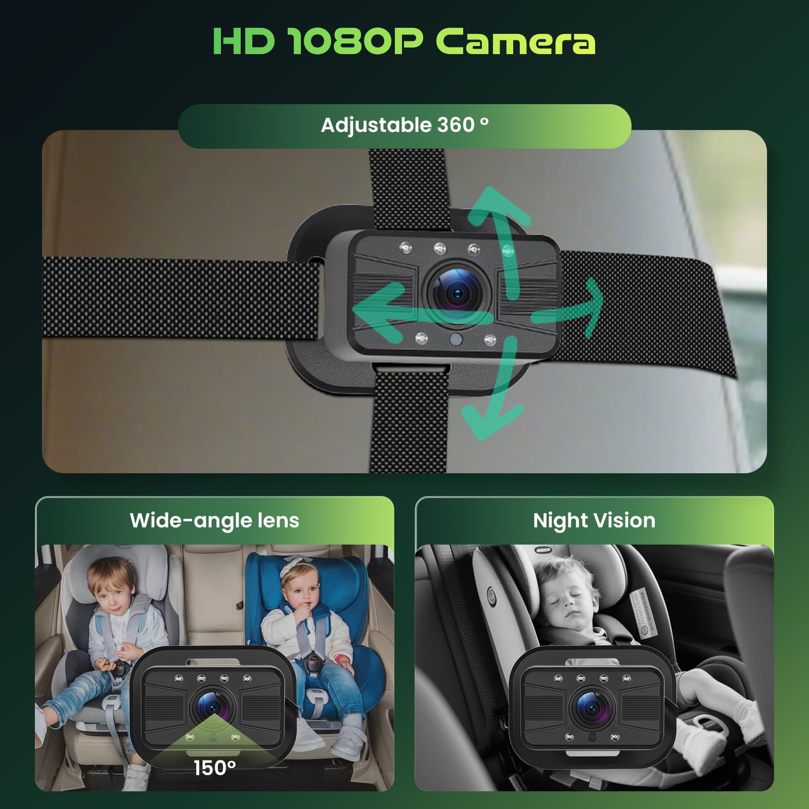 Hodozzy Bezprzewodowe lusterko samochodowe dla niemowląt, z systemem Android, 7 cali, HD 1080p, z noktowizorem Superlink, kamera na tylne siedzenie 360° z monitorem do fotelika samochodowego, obsługa