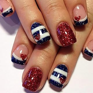 4th of July Press on Nails - Short Square Fake Nail | Red & Blue Glitter False Nail,Heart & Stripes Design Acrylic Nails | Stick on Nails for Women | Independence Day Nail Art 12 Sizes-24Pcs