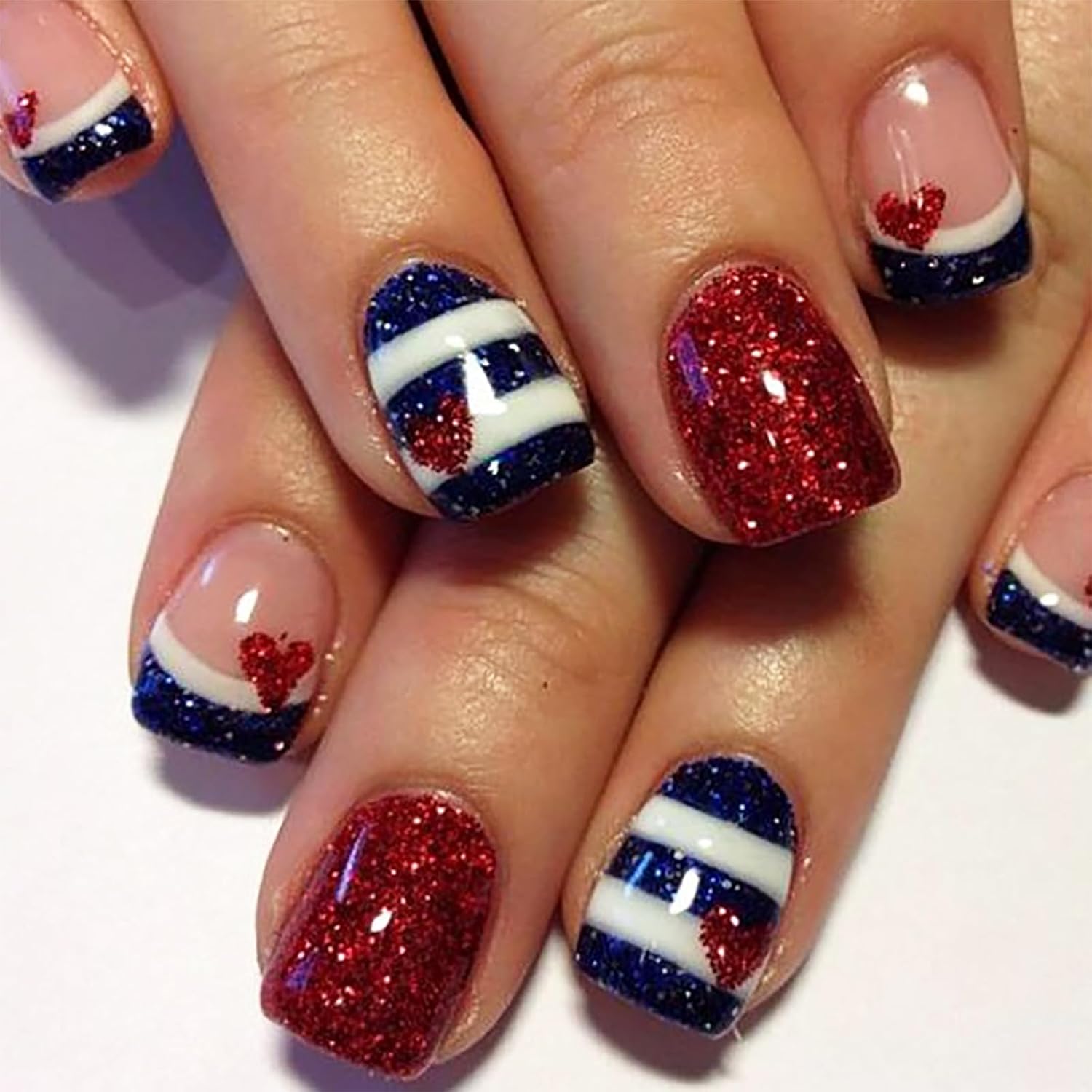 4th of July Press on Nails - Short Square Fake Nail | Red & Blue Glitter False Nail,Heart & Stripes Design Acrylic Nails | Stick on Nails for Women | Independence Day Nail Art 12 Sizes-24Pcs