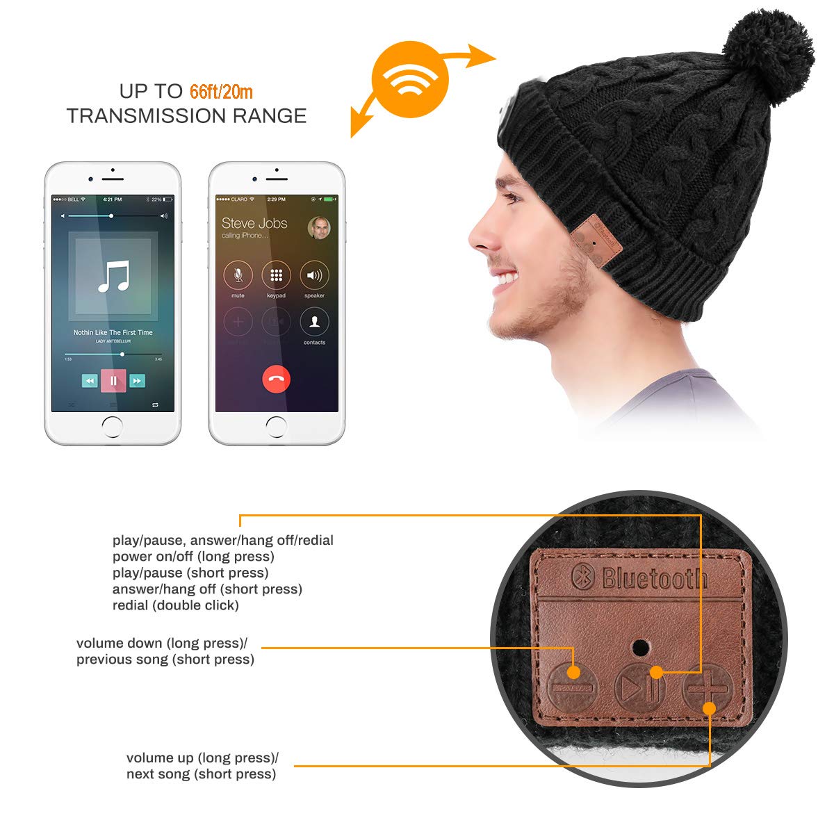 Powcan Wintermütze mit Licht Wireless Bluetooth 5.0 Music Mütze 4 LED Hut USB aufladbare Caps für Männer Frauen warme Strickmütze