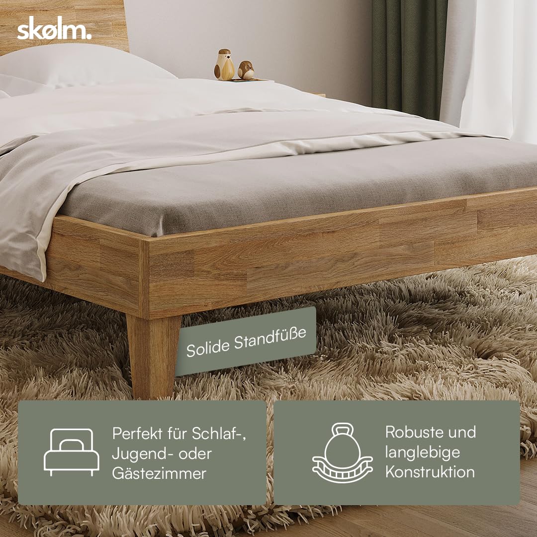 skølm Asgard Massivholzbett 140x200 cm - hochwertiges Holzbett aus Eiche mit Kopfteil – Bettgestell in Natur geölt - Bettrahmen geeignet als Doppelbett - Futonbett - Schlafzimmer Bett