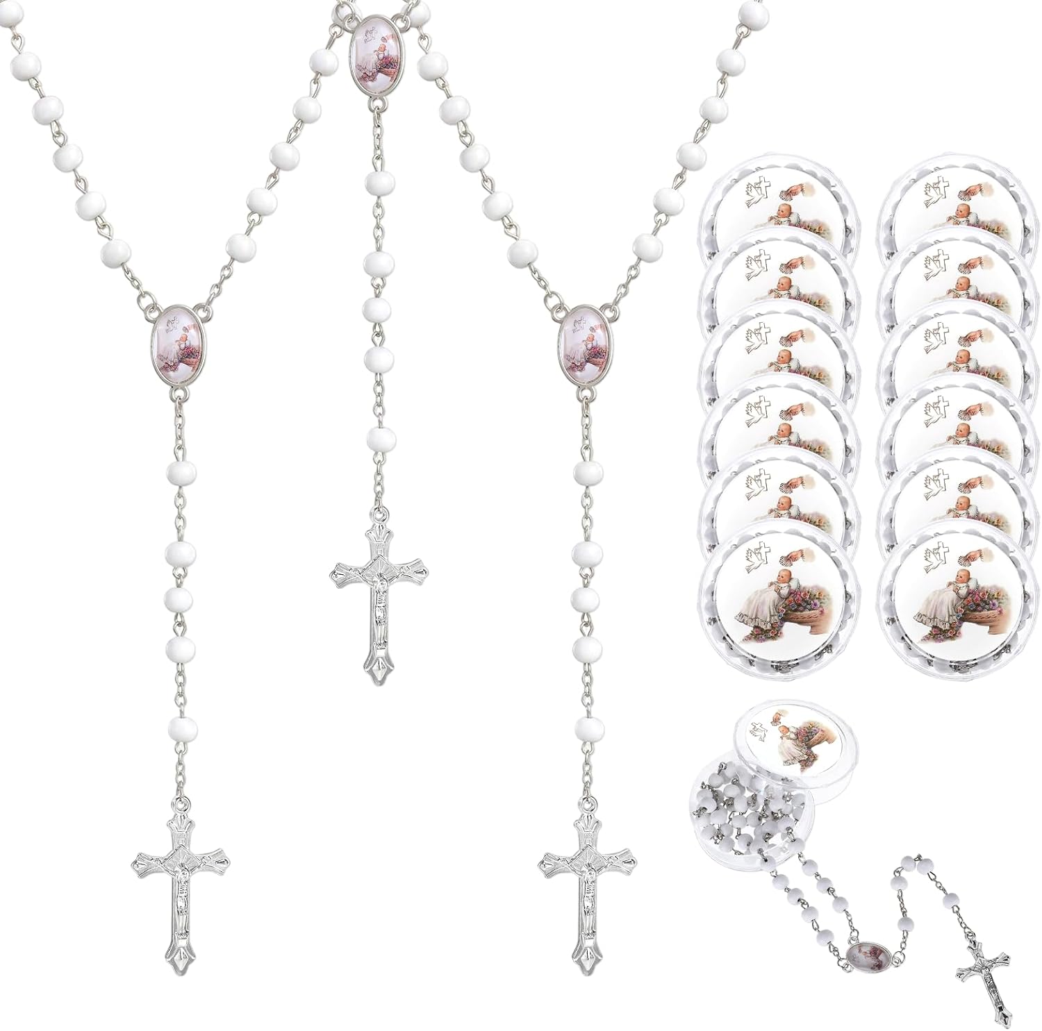 12 Pcs Baby Angel White Rosary Beads Necklace, Recuerdos de Bautizo Para Niño y Niña, Wood Scented Rosarios Catolicos Para Recuerdos, First Communion Baby Baptism Favors for Guests Catholic Gifts