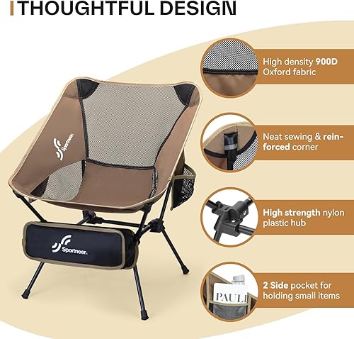 Miniatura 5 de Sportneer Sillas de campamento, sillas ligeras para exteriores con 2 bolsillos laterales y bolsa de almacenamiento, sillas de césped plegables y