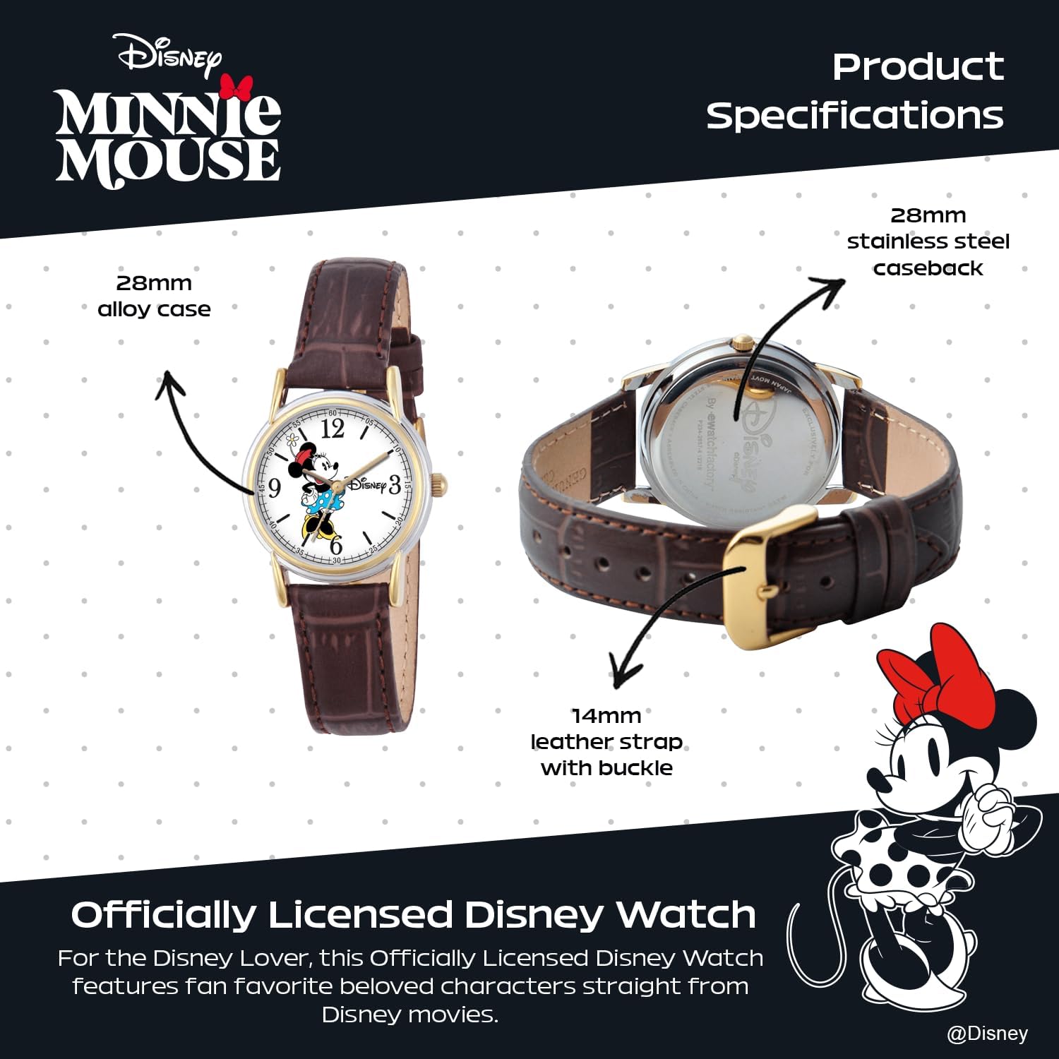 Minnie Mouse Watch for Women – Stylish Minnie Mouse Watches for Women, Gift for Watch Lovers, Elegant & Fun Timepiece – Brown Leather Strap, Silver Case, White Dial, Gold Bezel