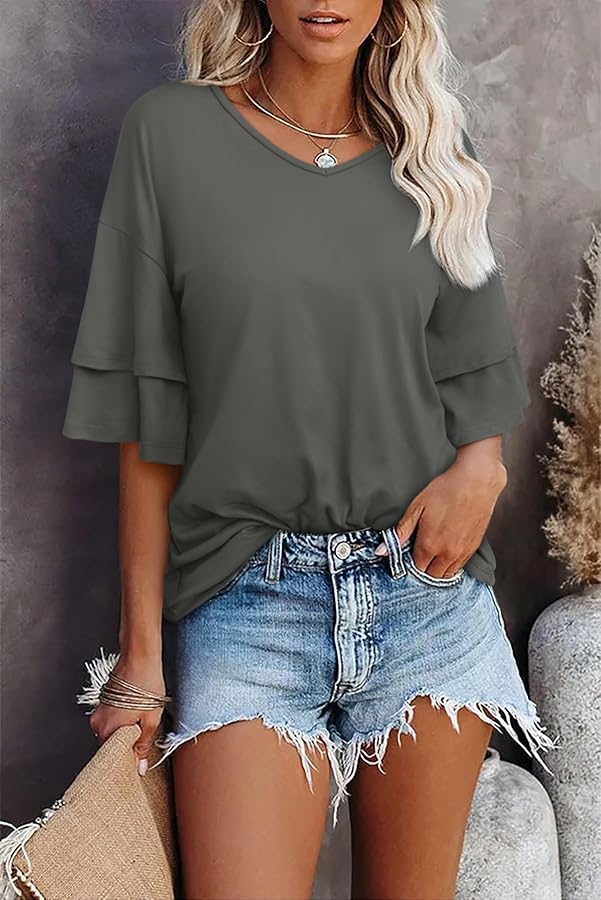 REORIA Shirts for Women's 2026 Ruffle Short Sleeve T Shirts Casual V Neck Cute Tops Fashion Blouse Clothes Dark Green Medium - image 2
