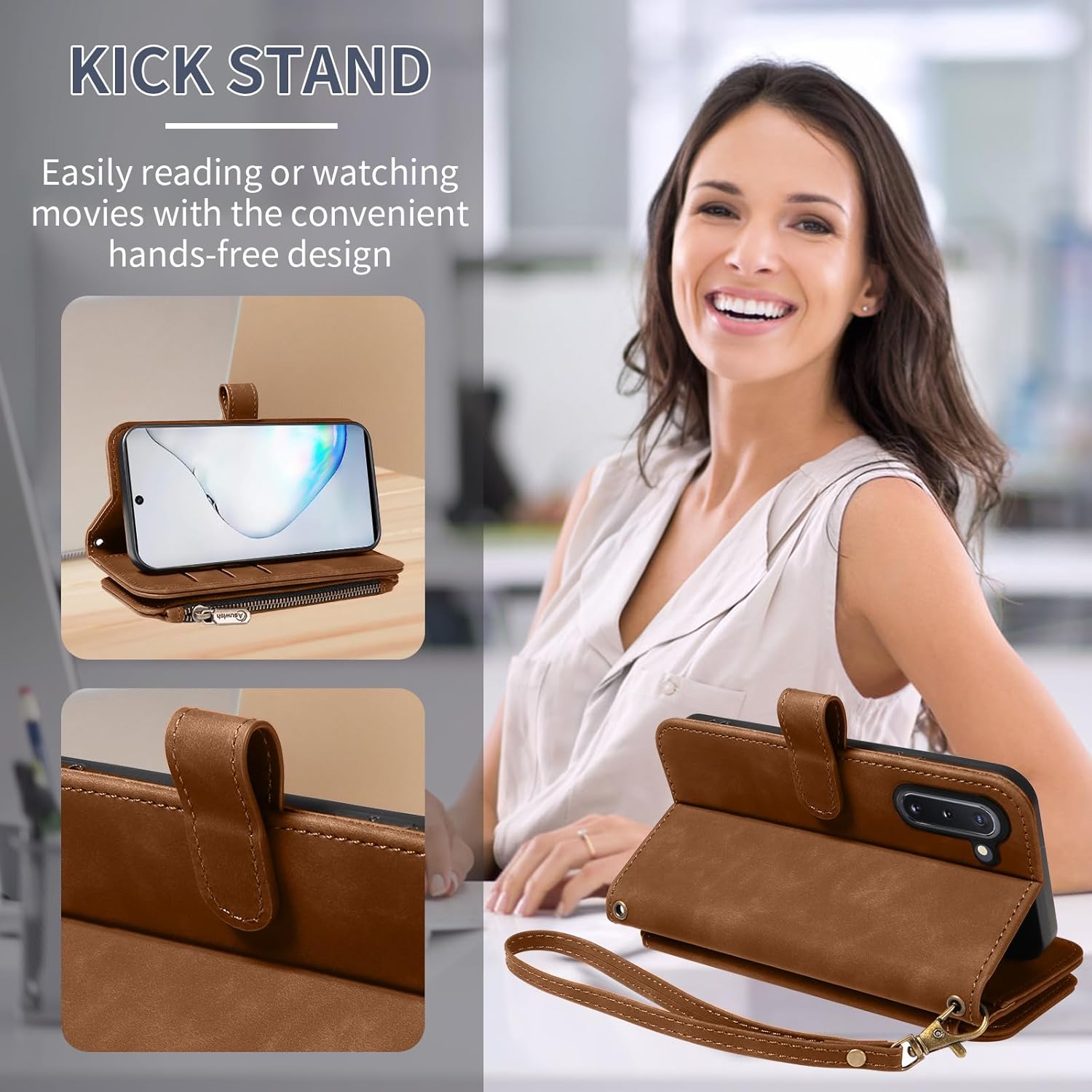 Asuwish Phone Case for Samsung Galaxy Note 10 5G Zipper Wallet Cell Cover with Tempered Glass Screen Protector Crossbody Wrist Strap Flip Credit Card Holder Note10 Notes 10s Ten Not S10 Women Brown