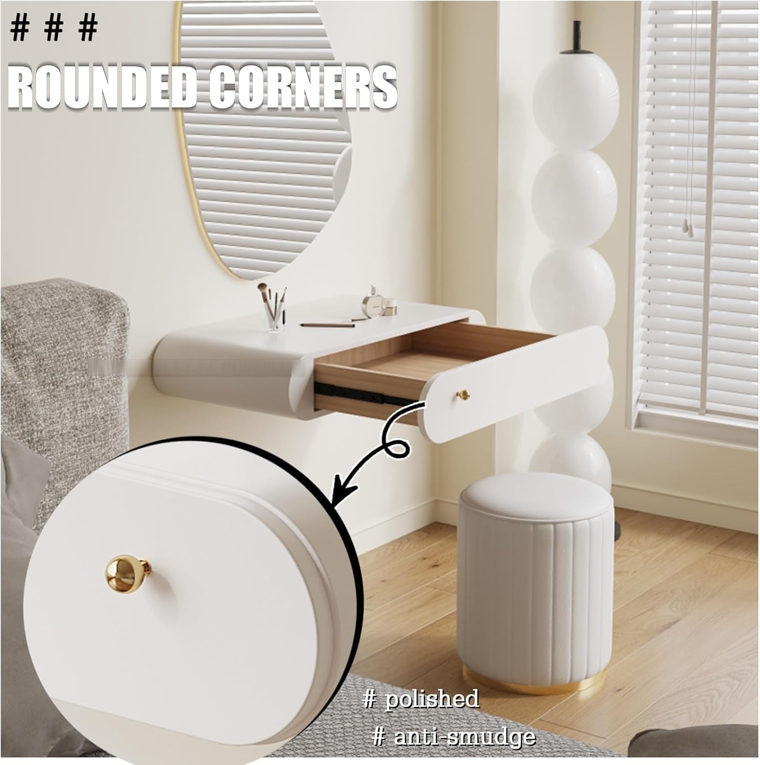 Modern Floating Dresser Desk with Drawers, Wall-Mounted Makeup Vanity Table, Space-Saving Corner Dressing Table for Small Bedrooms