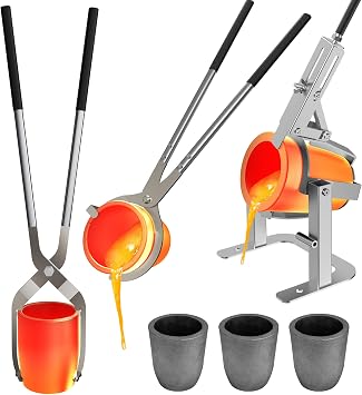 Nelyrho #6S17.6lbs-8kg Crucible Tongs Kit and Hand-held Crucible Pouring Rack with 3 Graphite Crucibles for Melting Metal Bundle