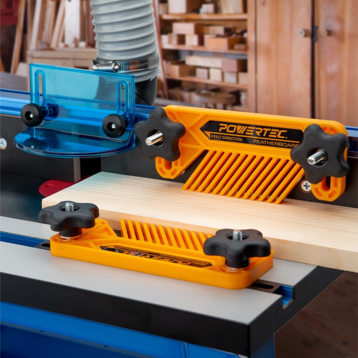 POWERTEC 71913 Full Size Router Bit Guard with 2.5" ID Router Table Dust Port and 2-PC Router Fence/Router Table Featherboards