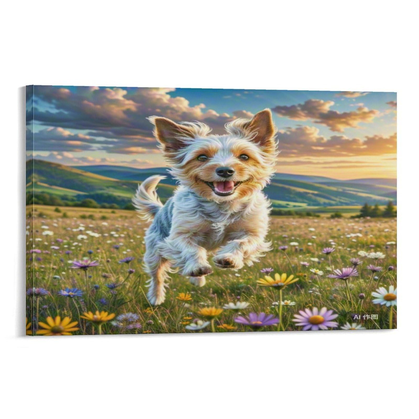 CPLVKWRQJ Sealyham Terrier Single Piece Happy Puppy Running Across Wildflower Meadow Canvas Wall Hanging - Kitchen Removable Wall Art Focal Point Ready to Hang 20x30inch(50x75cm)