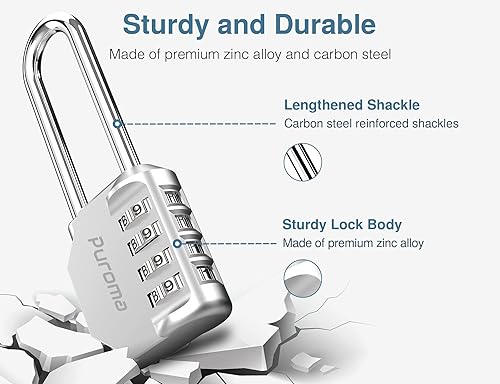 Miniatura 2 de Puroma  Candado de combinación con grillete de 2.5pulgadas de largo, 4 dígitos, resistente al agua, para el gimnasio, la escuela, la cerca, la
