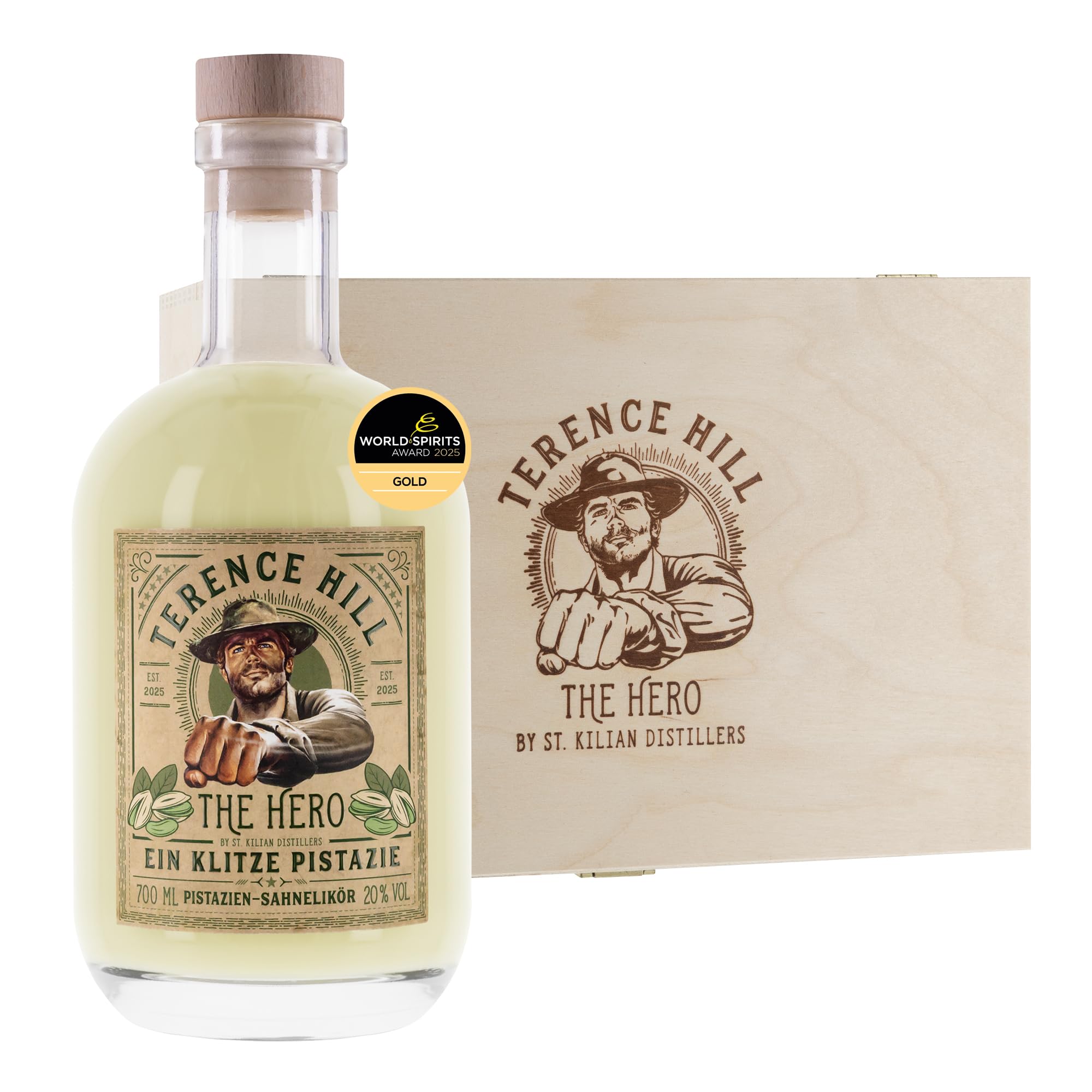 Terence Hill Pistazien Likör Geschenk Box - Pistazien Sahnelikör [20% Vol, 0,7l] Deutscher Cremelikör - Bud Spencer und Terence Hill - Geschenk für Männer & Fans - Liköre von St. Kilian