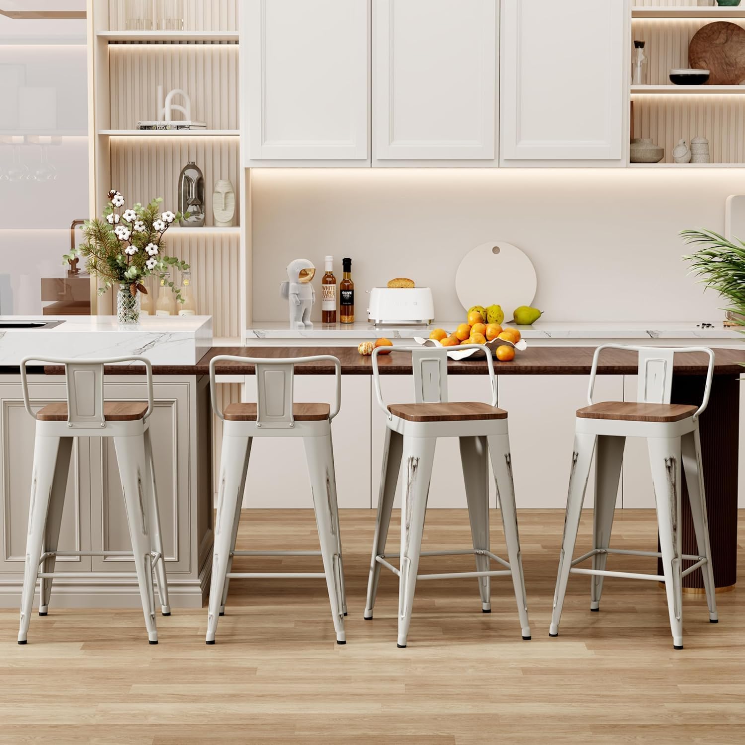 Bar Stools Set of 4 with Back,Arlunar Counter Height Bar Stools Industrial Metal Barstools with Removable Back 24" Kitchen Bar Stools with Wooden Seat