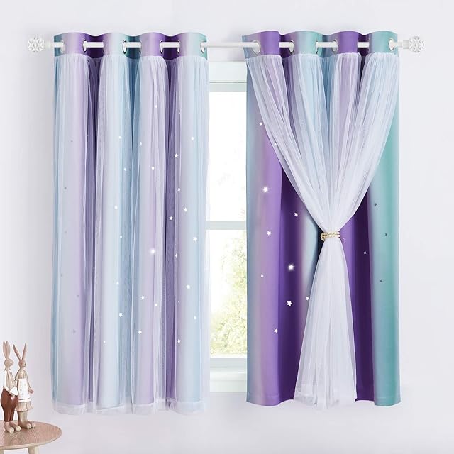 NICETOWN Kids Curtains with Voile - Stars Blackout Curtains for Bedroom Colourful Double Layer Star Cut Out Stripe Window Curtains, 1 Pair, 52 inch x 54 inch Drop, Purple Blue