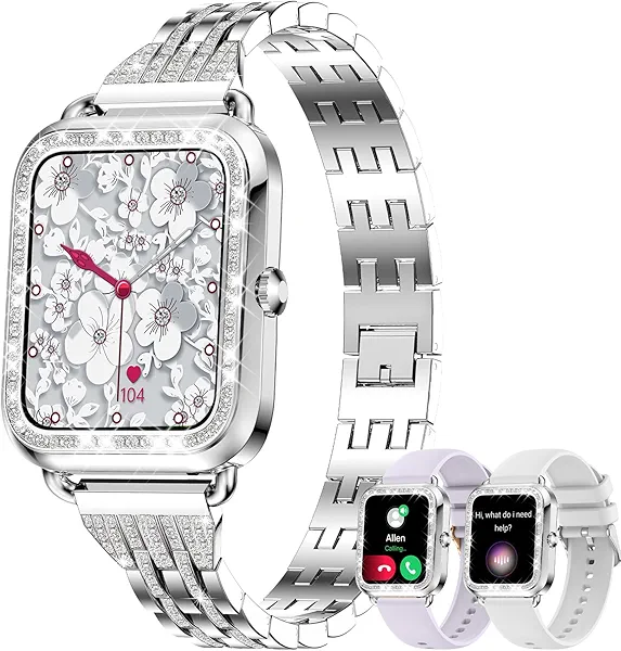 Smart Watch for Women Diamonds(Answer/Make Call),1.29''HD Touch Screen Smart Watch Android,Fitness Tracker with Heart Rate/Blood Oxygen/Sleep Monitor,Waterproof Smartwatch 3 Strap (Diamond Silver)