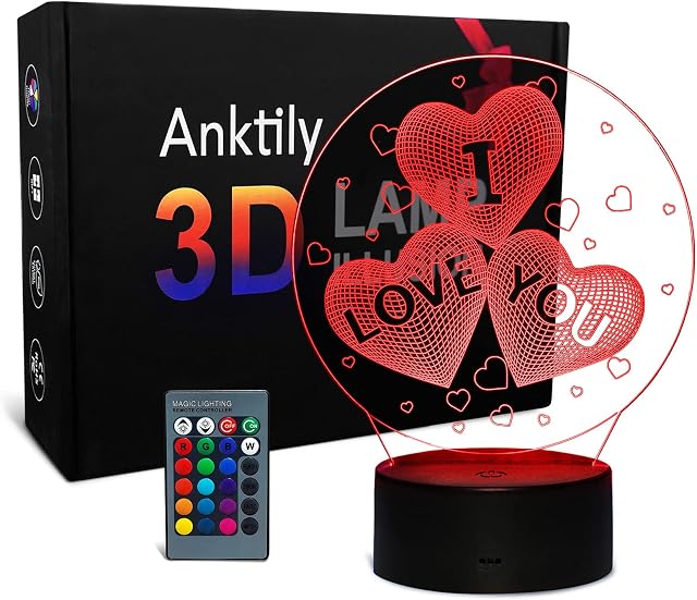 3D Night Light for Kids Girls Lovers, I Love You Optical Illusion Lamp,Heart Bedside Table Lamp, Romantic Gifts for Valentine's Day,Birthday,Anniversary or Holiday