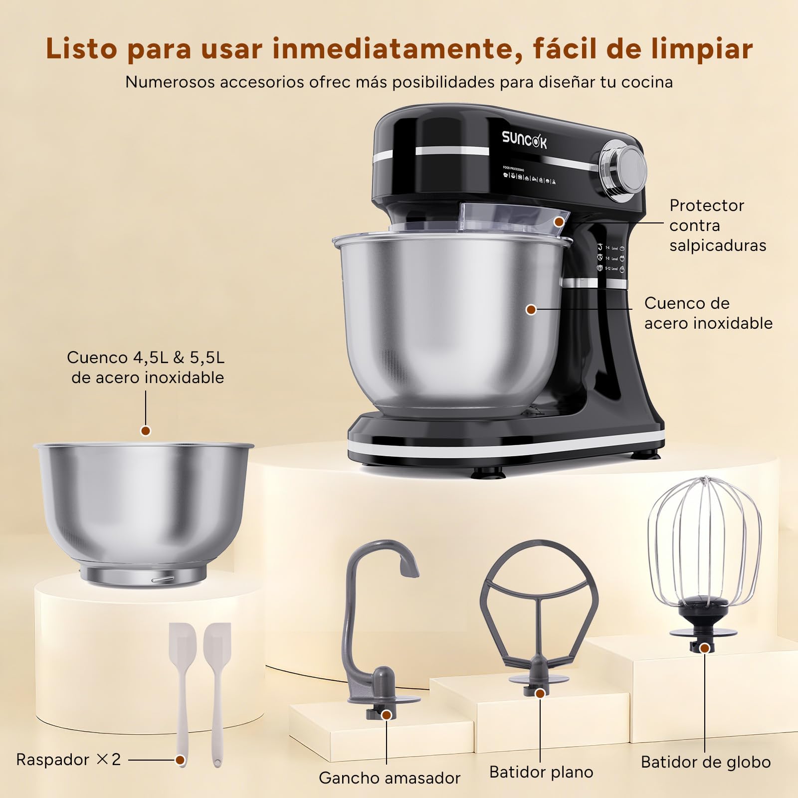 Batidora Amasadora 1500W, 2 Cubetas de Acero Inoxidable (4,5L/5,5L), 12 Velocidades, Fermentación/Calentamiento, Báscula, Temporizador, Bajo Ruido, 3 Accesorios de Mezcla (B03B, B03B-negro)