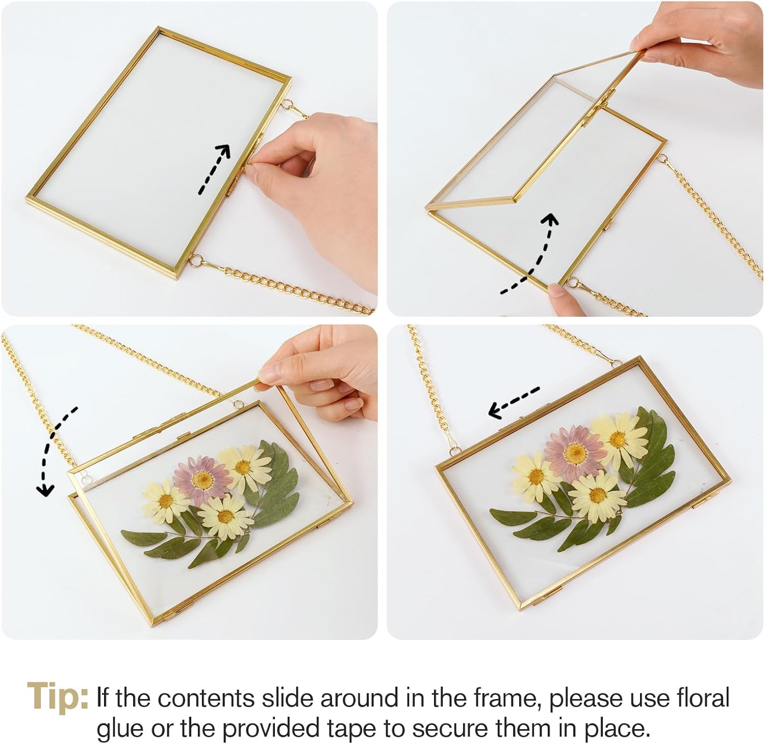 8x10 Pressed Flowers Gold Frame, Hanging Floating Double Glass With Chain for Dried Flower, 8 by 10 Brass Picture Horizontal, Large Clear Photo for Wall Mount, Rectangle