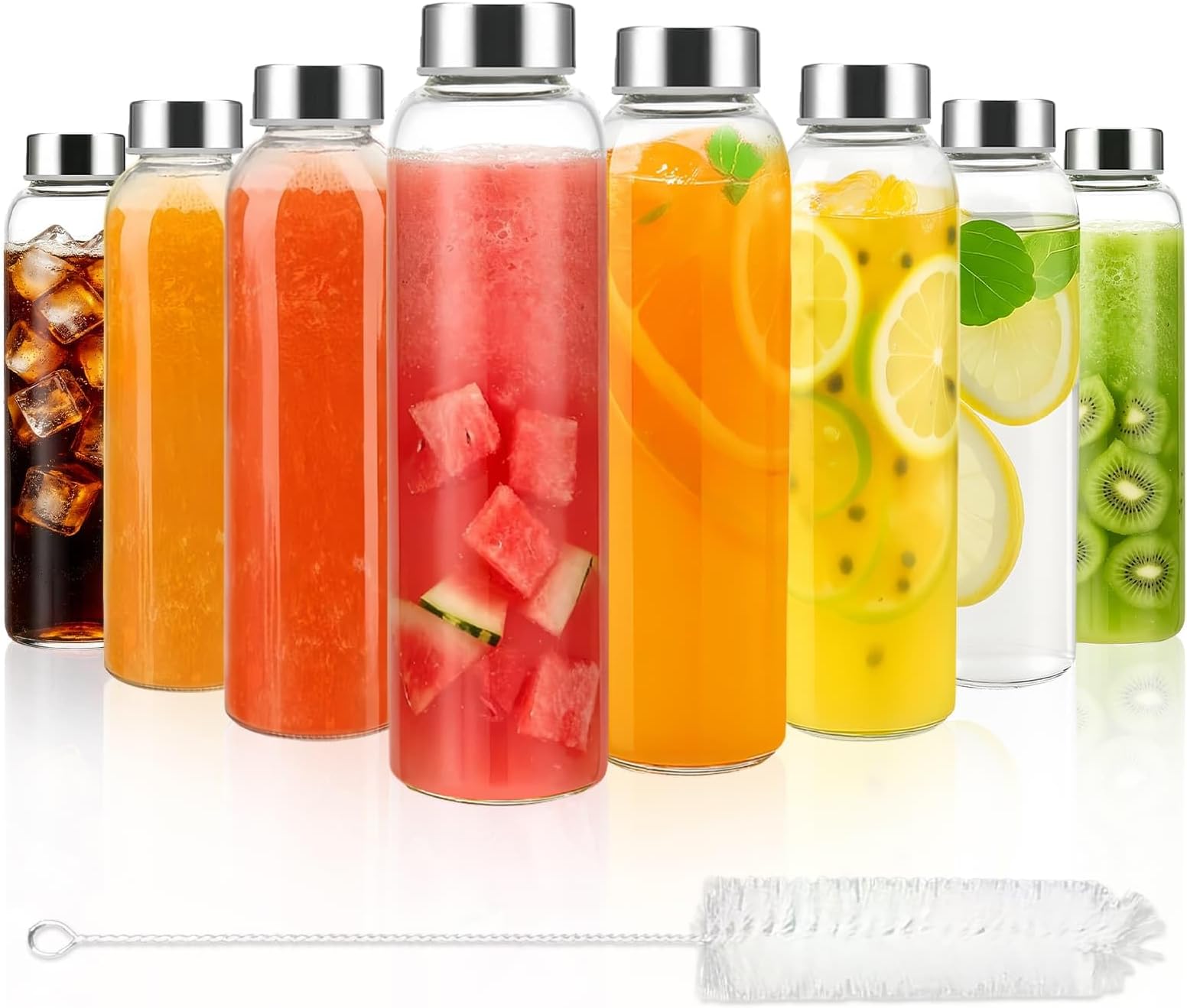 Eidoct 8pcs Glass Water Bottles with Lids, 500ml Glass Juice Bottles, Reusable Drinking Bottle Leakproof, Clear Glass Bottles for Juicing,Sauce Jar, Hot & Cold Drinks, Milk,with Cleaning Brush
