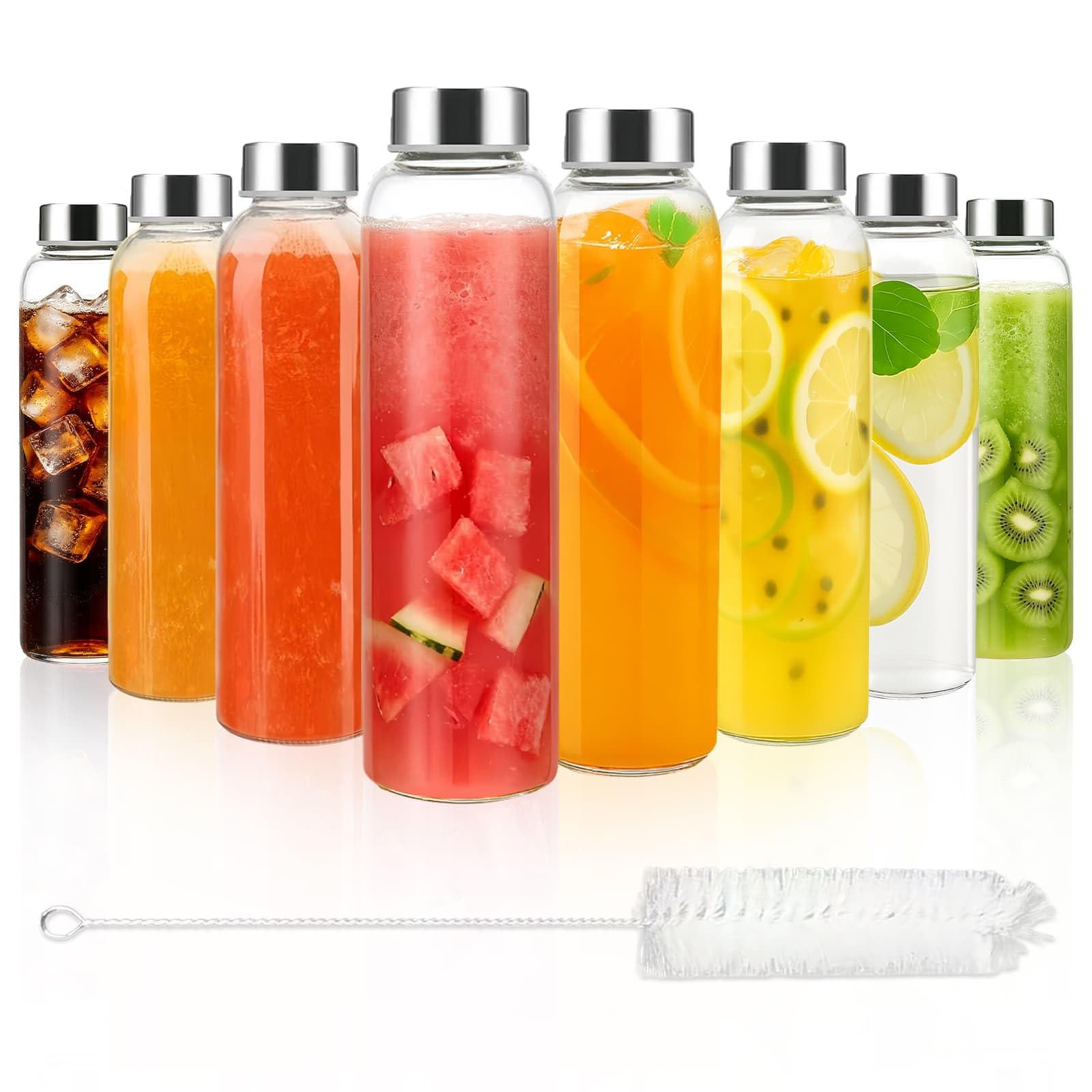 Eidoct 8 bottiglie d'acqua in vetro con coperchio, 500 ml, riutilizzabili, a prova di perdite, bottiglie in vetro trasparente per succhi, barattoli per salse, bevande calde e fredde, latte, con