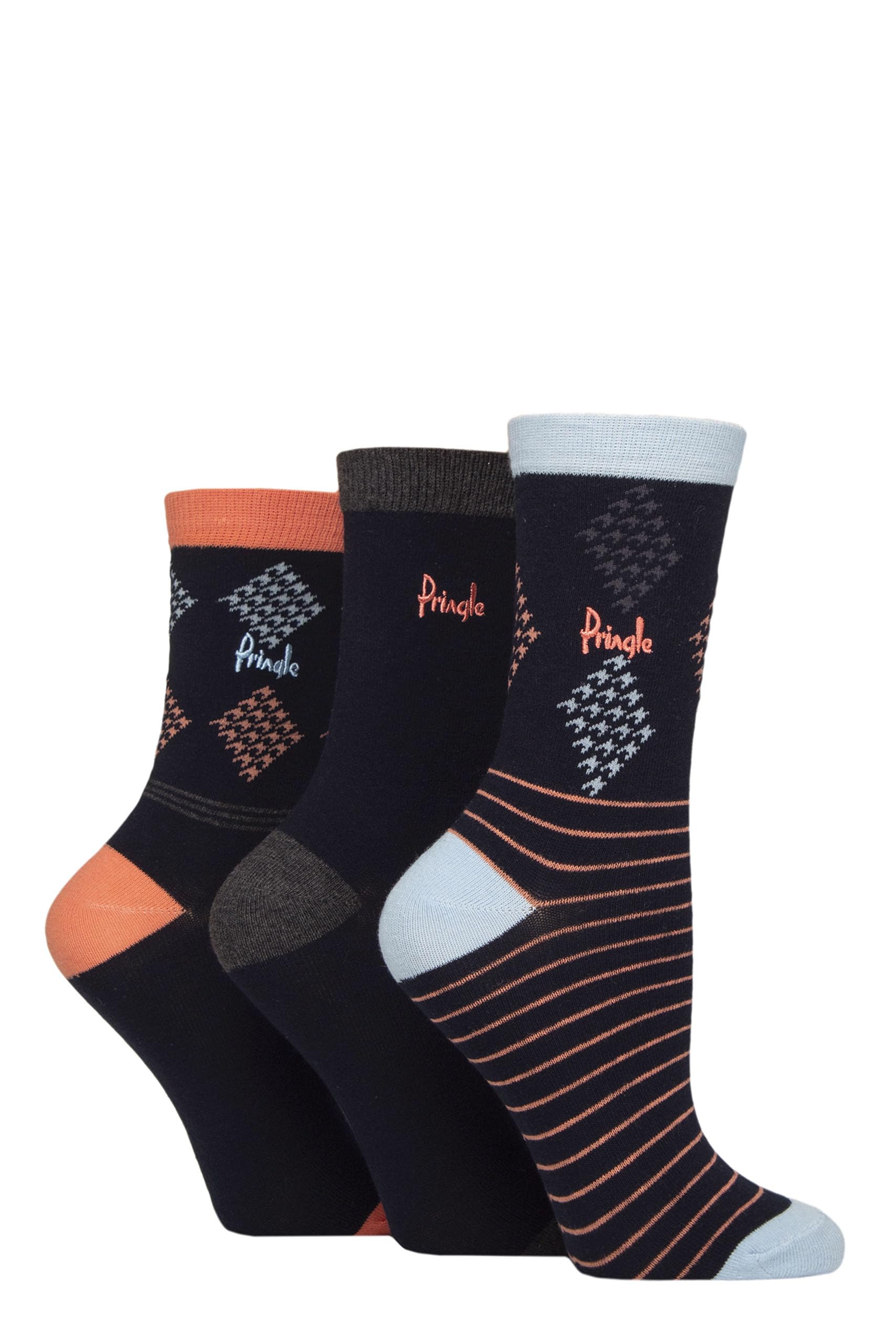 Pringle Ladies Patterned Cotton and Recycled Polyester Socks Pack of 3 (UK, Numeric, 4, 8, Regular, Regular, Navy Diamond/Stripe)