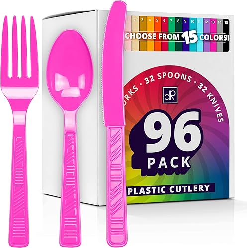 DecorRack Juego de cubiertos de plástico, juego de cubiertos de plástico rosa fucsia para fiestas, juego de 96 piezas de utensilios de plástico