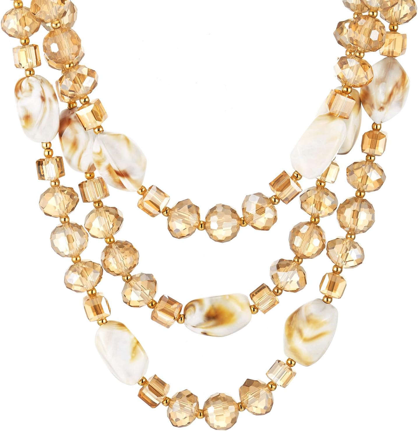 COOLSTEELANDBEYOND Champagne Crystal Beads Acrylic Stone Statement Necklace, Three-strand Layered Necklace, Waterfall