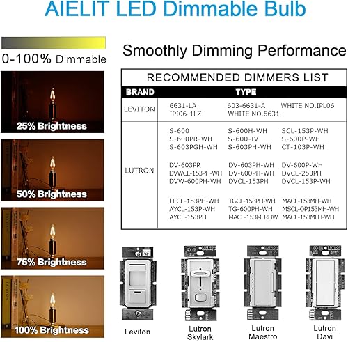 Miniatura 24 de Bombilla LED E12 (regulable 0 – 100%), bombillas de luz T8 de Aielit, 4 W equivalentes a 40 W incandescente, filamento vintage, bombilla de 4 W = 40