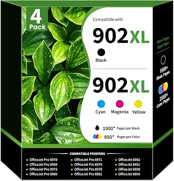 902XL 902 Ink Cartridges 4-Pack BK/C/M/Y Replacement for HP 902XL Ink