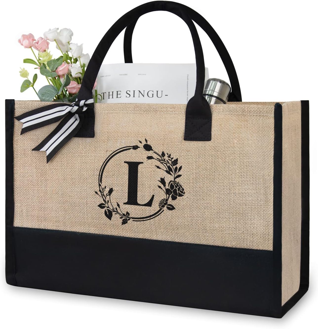TOPDesignPersonalized Initial Jute/Canvas Beach Bag, Monogrammed Gift Tote Bag for Women