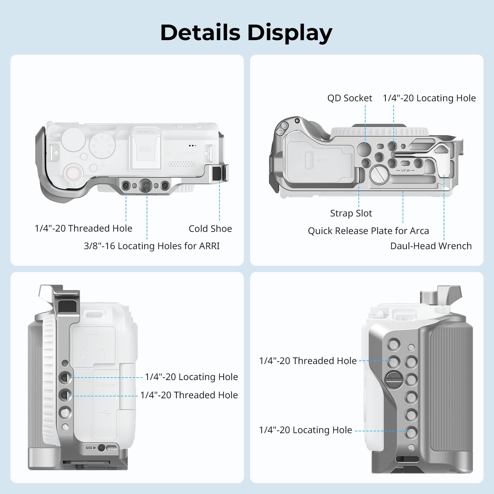 SMALLRIG R50 V Cage pour Appareil Photo pour Canon R50V, Poignée Ergonomique Intégrée, Plaque QR pour Arca, Trou Fileté 1/4"-20, Trous 3/8"-16 pour ARRI, Prise de Vue Verticale (Argent) - 5428
