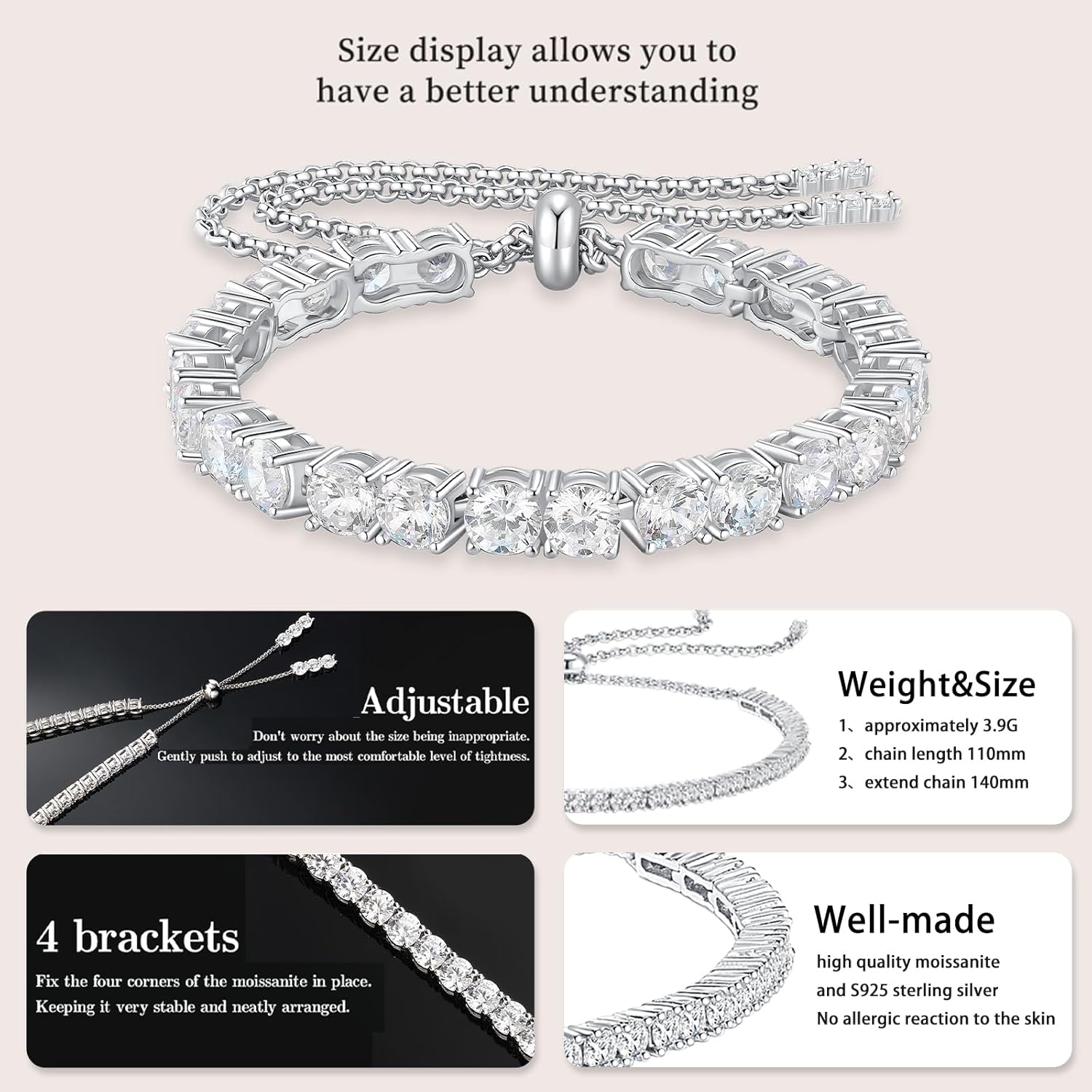 Moissanite Tennis Bracelet, 3MM-3.56Carats Diamond Adjustable Bracelet,18K White Gold Plated 925 Sterling Silver Hypoallergenic, Tennis Bracelet for Women. - Image 4