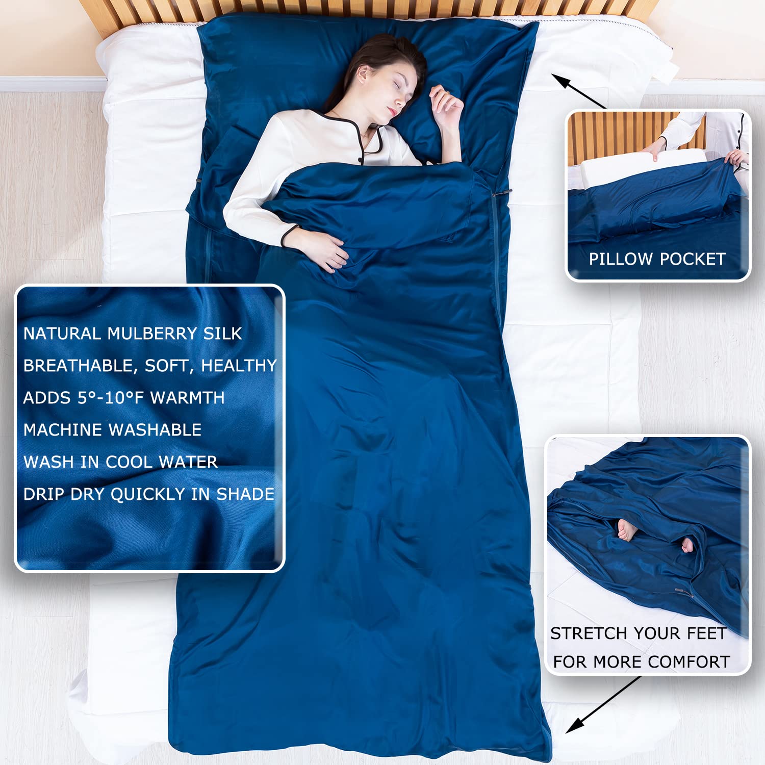 Sacco nanna in 100% seta con cerniere integrali, 221 x 109 cm, grandi lenzuola per hotel, viaggi e campeggio, lenzuola da viaggio multifunzione (senza cerniera