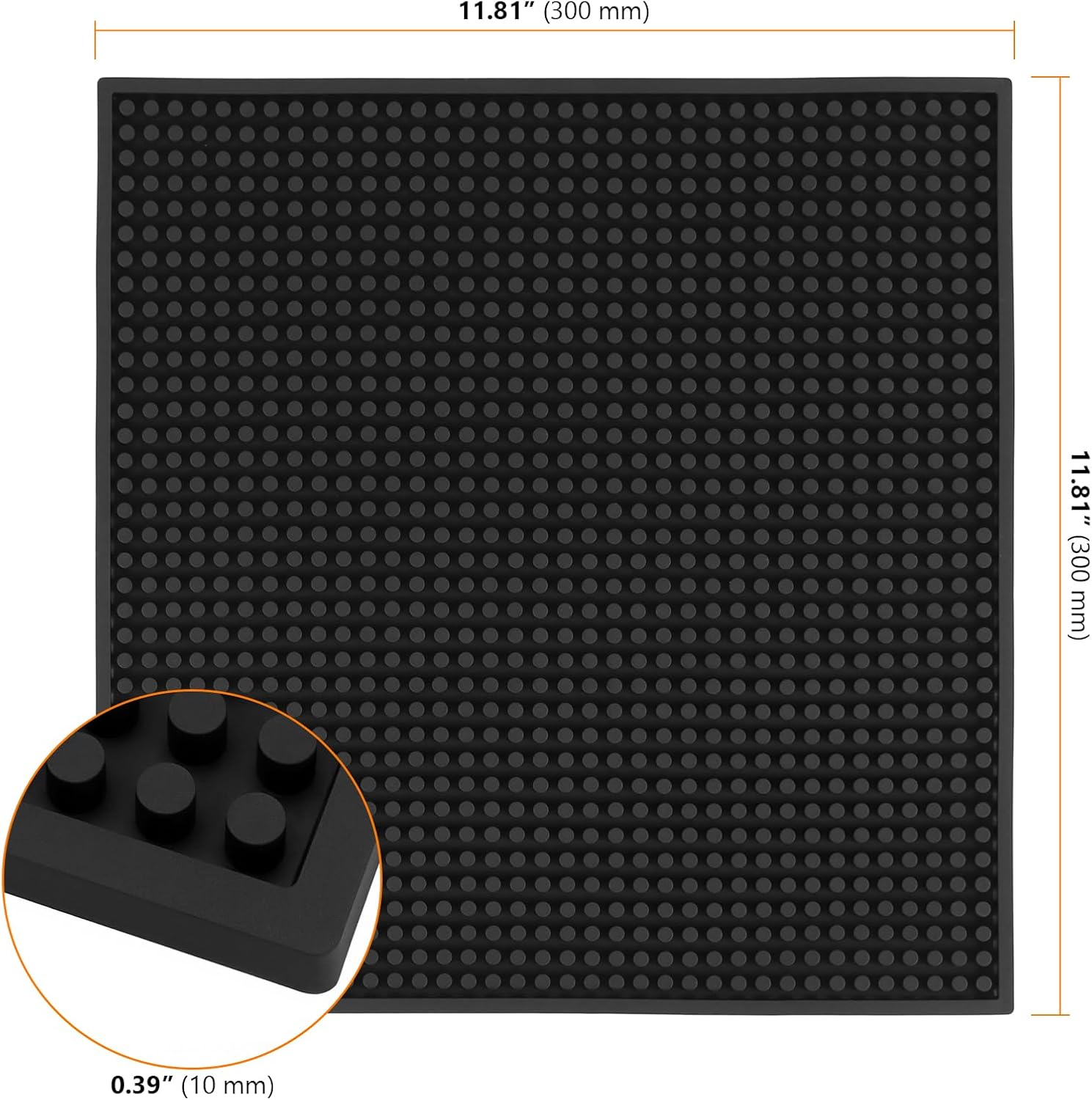 SEUNMUK Square Silicone Coasters Set of 4, 12x12 Inch Bar Mat with Grooved Pattern, Black Dish Drying Mat for Hot or Cold Drinks Table Tabletop Coffee Bar
