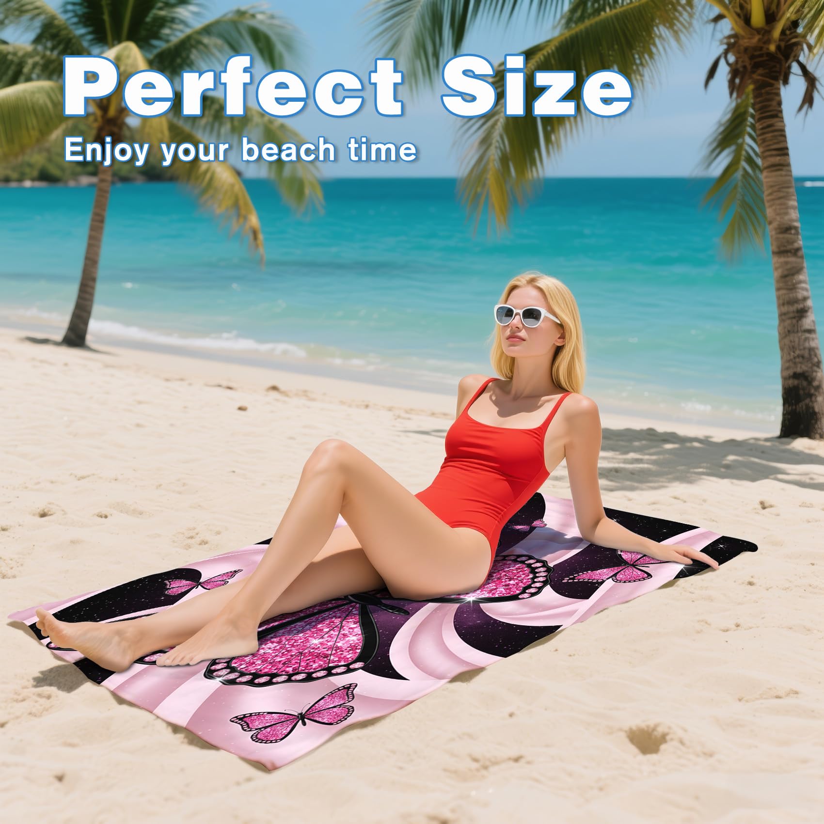 Serviette de Plage XXL Microfibre Papillon Rose Romantique Fille, Drap de Plage Séchage Rapide Anti Sable & Légère, Serviette de Bain Grande Taille 200x200 cm, Accessoire & Cadeau été