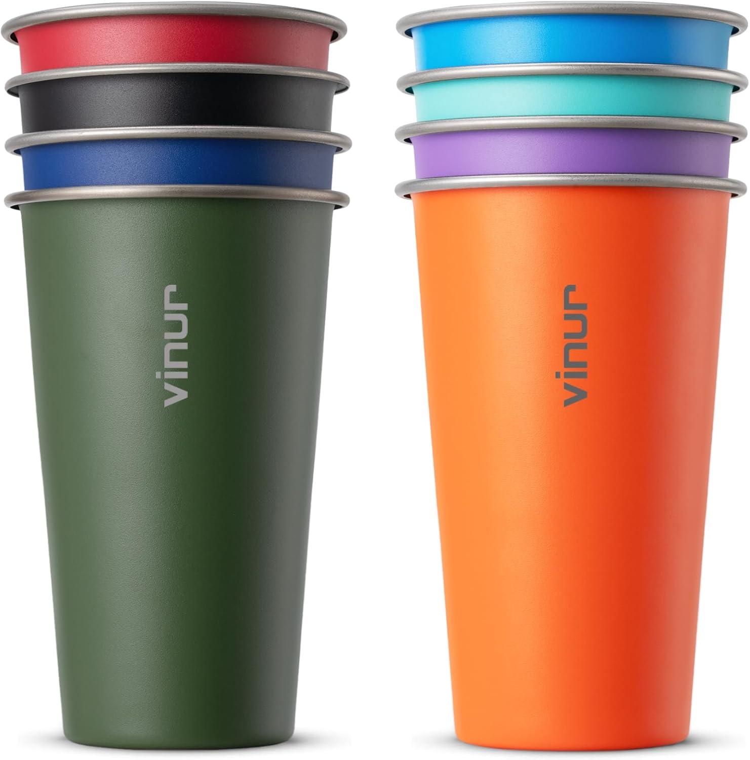 VINUR 20 oz Stainless Steel Cups 8 Pack Pint Tumbler Stackable Metal Drinking Glasses for Travel, Camping, Outdoors