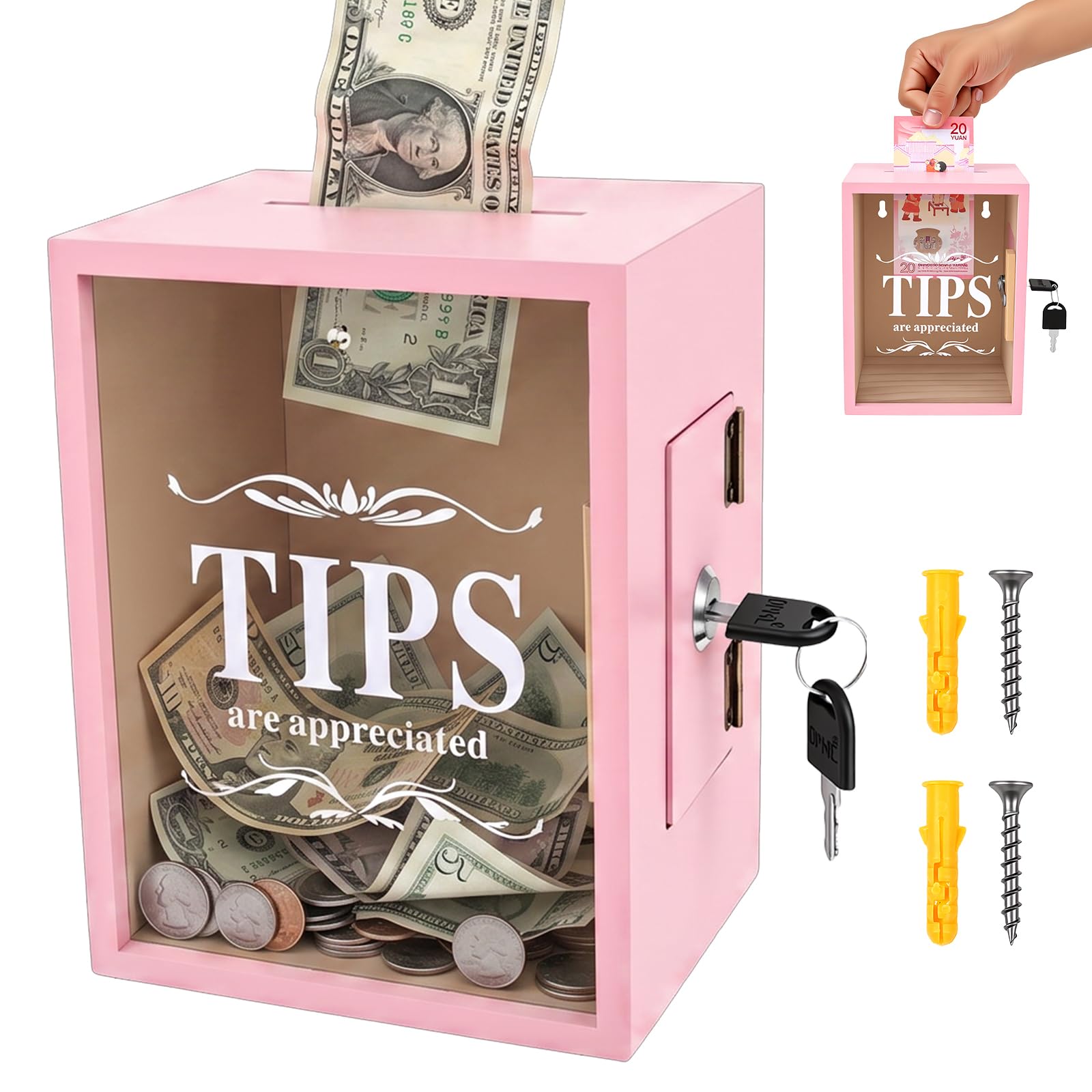 YUEKUNTJ Lockable Wooden Tip Box, Tip Container Donation Jar, Cash Collection Ballot Holder, Savings Jar with Lock, Money Saving Box Clear Piggy Bank, 15x12x20cm with 2 Key for Restaurant Café(Pink)