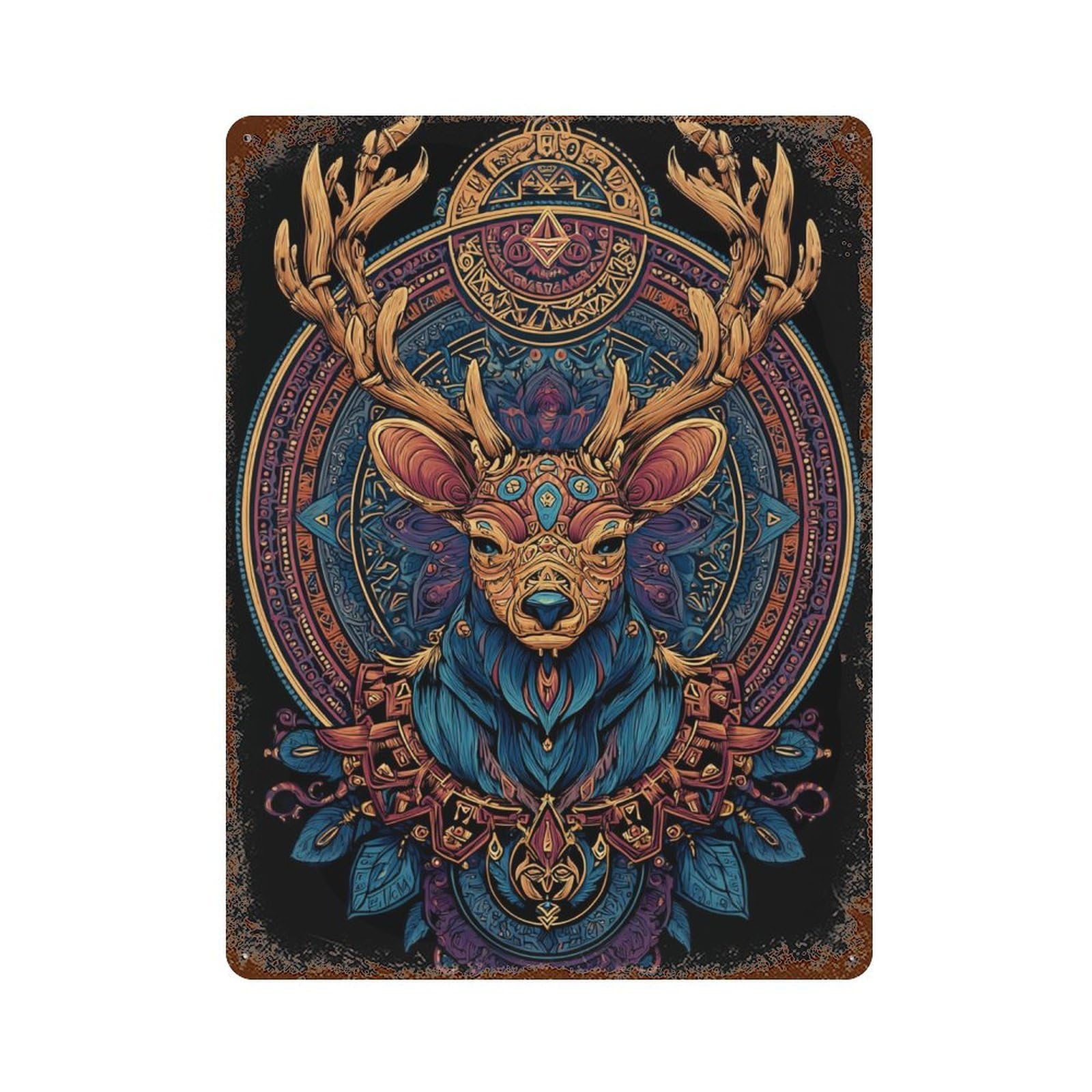 Colorful Deer Mandala Art Print Rust Effect Tin Sign 15.7"x11.8", Rustic Home Decor for Cafe, Home Bar And Lounge Decor