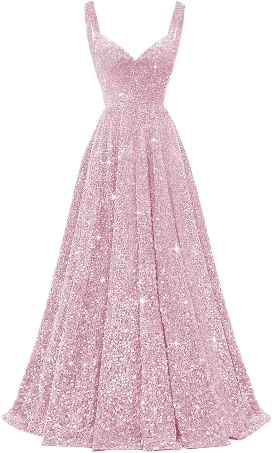 A Line Sparkly Sequined Prom Dresses for Women, V Neck Formal Evening Gowns Cocktail Party Dresses with Straps