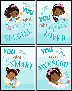 African American Girl Wall Decor - Black Girls Wall Art - Cute Fairy Wall Decor - Little Girls, Toddler Bedroom Decor - Aqua Turquoise Teal Light Blue Baby Nursery Girls Room Decor - Daughter Gifts