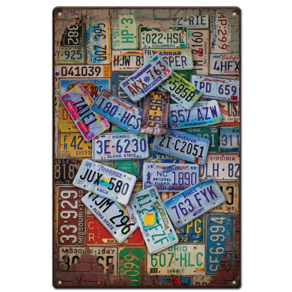 peiyeety Licence Plate Collage Tin Signs Retro Metal Sign Iron Wall Decor Man Cave Signs for Game Room Apartment Dormitory Restaurants Bars Cafe Pubs Home Wall Art Decor Plaque 12x8in