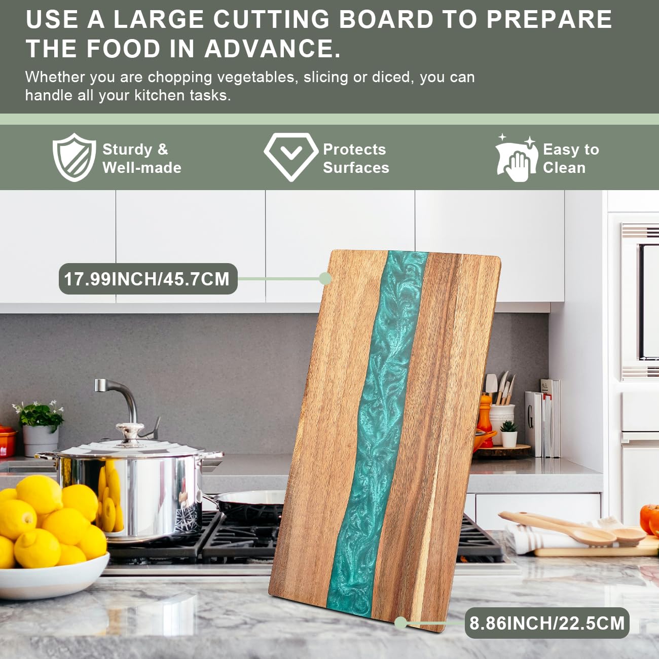 Planche à découper en bois d'acacia avec motif vague en résine – Planche à découper de cuisine pour viande, légumes, fruits et fromage – Plateau de service en bois époxy – 45,7 x 22,9 cm
