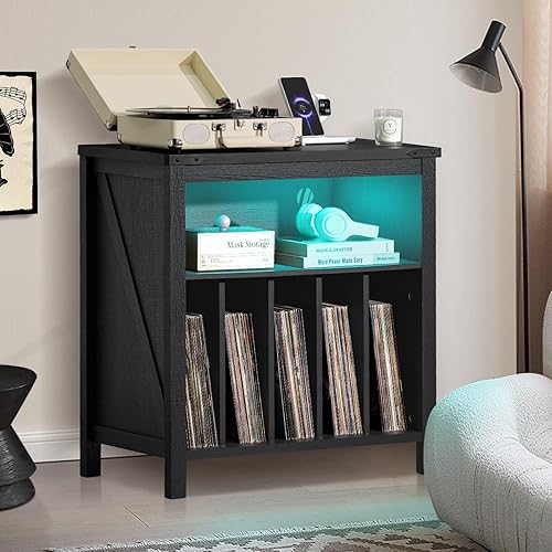Miniatura 7 de Soporte grande para tocadiscos con estación de carga y luces LED, soporte de almacenamiento de discos de vinilo negro con capacidad para hasta 230